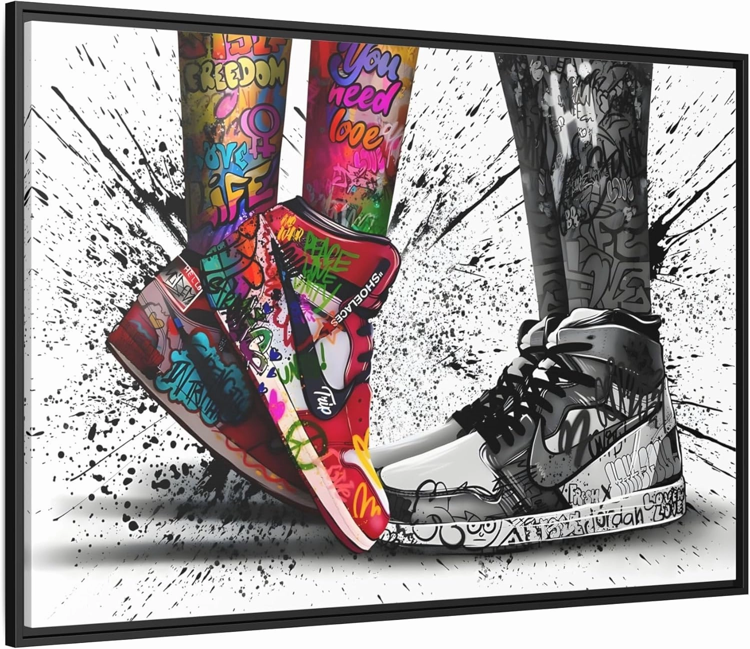 Graffiti Love in Shoes Framed Large Canvas Wall Hanging Art 18x12inch 45x30cm (Horizontal) / Black / 1.25inch 3.175cm