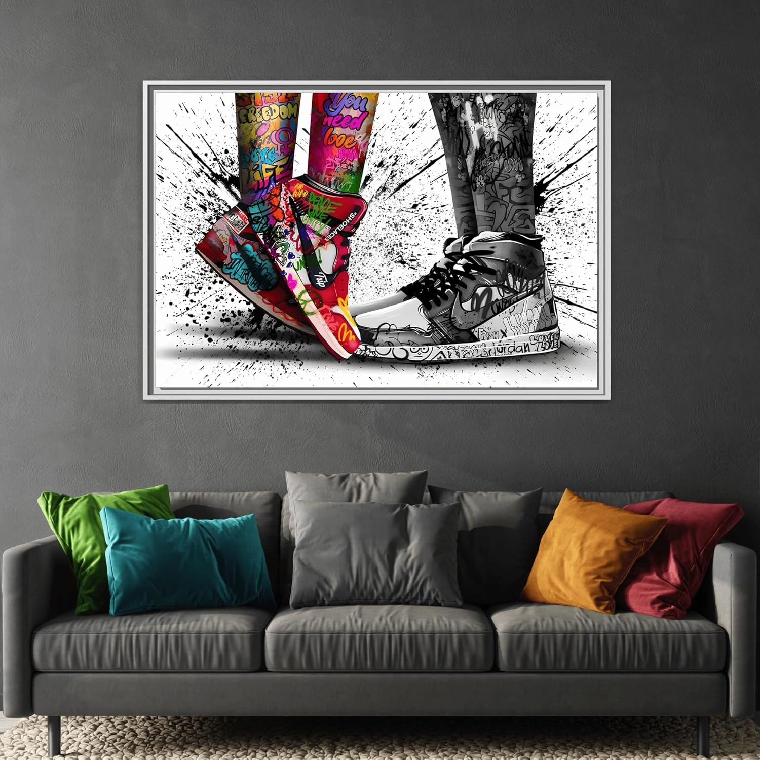Graffiti Love in Shoes Framed Large Canvas Wall Hanging Art 18x12inch 45x30cm (Horizontal) / Black / 1.25inch 3.175cm