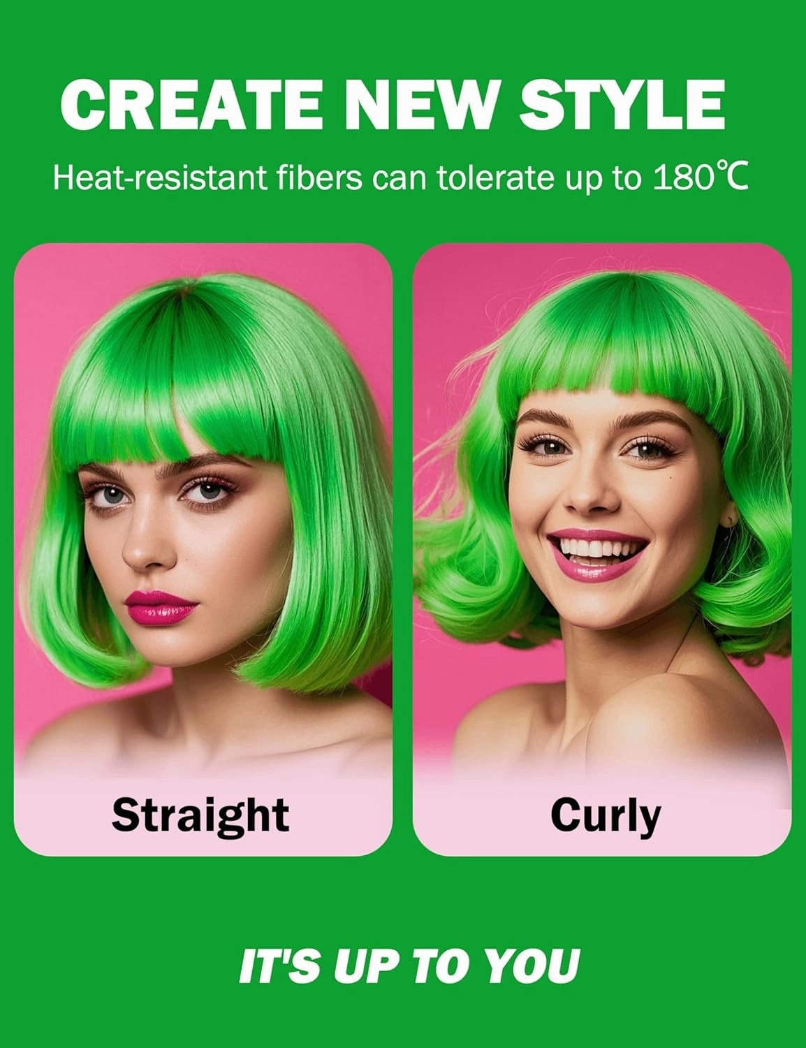 Green Bob Wig Synthetic Heat-Resistant Green Wig with Adjustable Straps, Natural Looking Soft Bob Wig for Halloween Costume Party