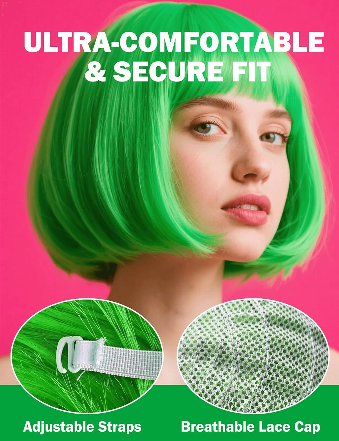 Green Bob Wig Synthetic Heat-Resistant Green Wig with Adjustable Straps, Natural Looking Soft Bob Wig for Halloween Costume Party