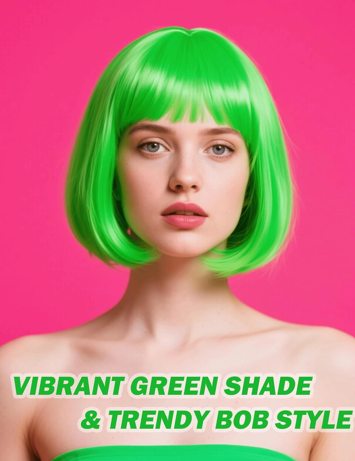 Green Bob Wig Synthetic Heat-Resistant Green Wig with Adjustable Straps, Natural Looking Soft Bob Wig for Halloween Costume Party