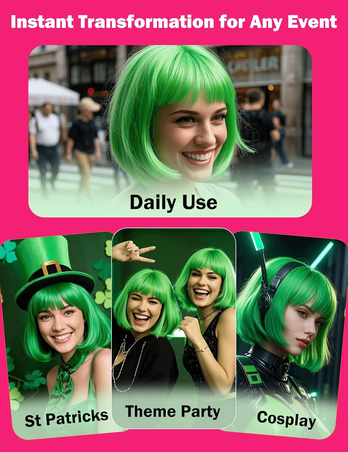 Green Bob Wig Synthetic Heat-Resistant Green Wig with Adjustable Straps, Natural Looking Soft Bob Wig for Halloween Costume Party