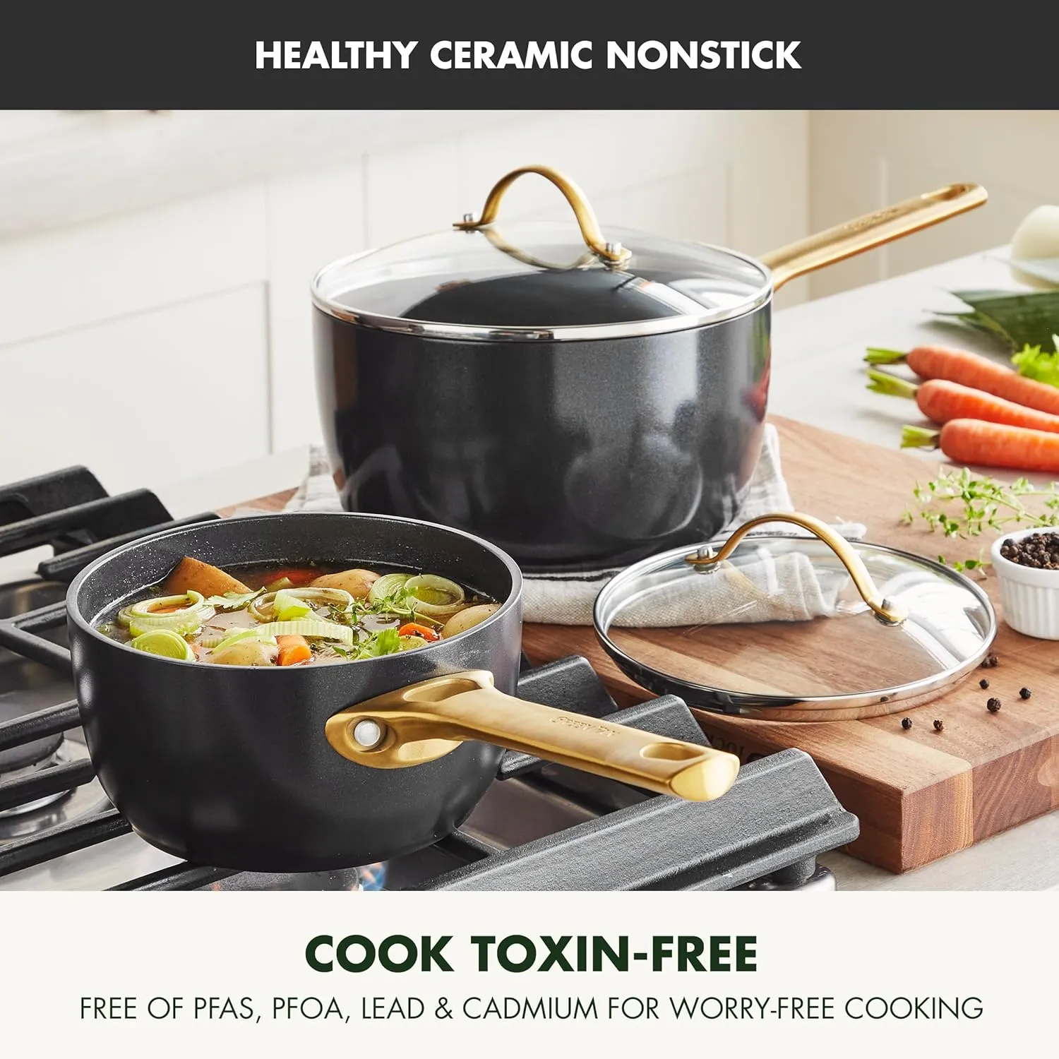 GreenPan Reserve Hard Anodized Healthy Ceramic Nonstick, 1.5QT and 3QT Saucepan Pot Set with Lids, Gold Handle, PFAS-Free, Dishwasher Safe, Oven Safe, Black