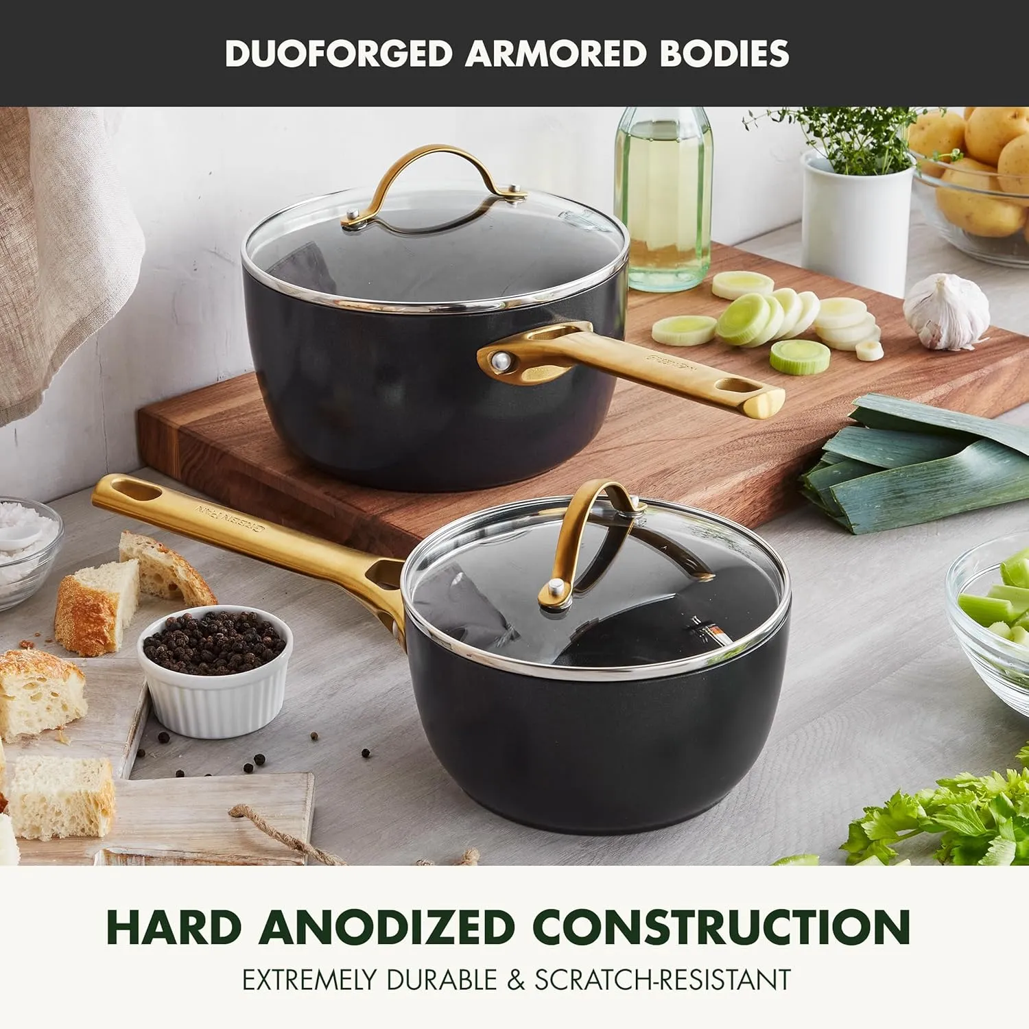 GreenPan Reserve Hard Anodized Healthy Ceramic Nonstick, 1.5QT and 3QT Saucepan Pot Set with Lids, Gold Handle, PFAS-Free, Dishwasher Safe, Oven Safe, Black