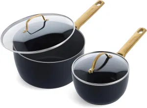GreenPan Reserve Hard Anodized Healthy Ceramic Nonstick, 1.5QT and 3QT Saucepan Pot Set with Lids, Gold Handle, PFAS-Free, Dishwasher Safe, Oven Safe, Black