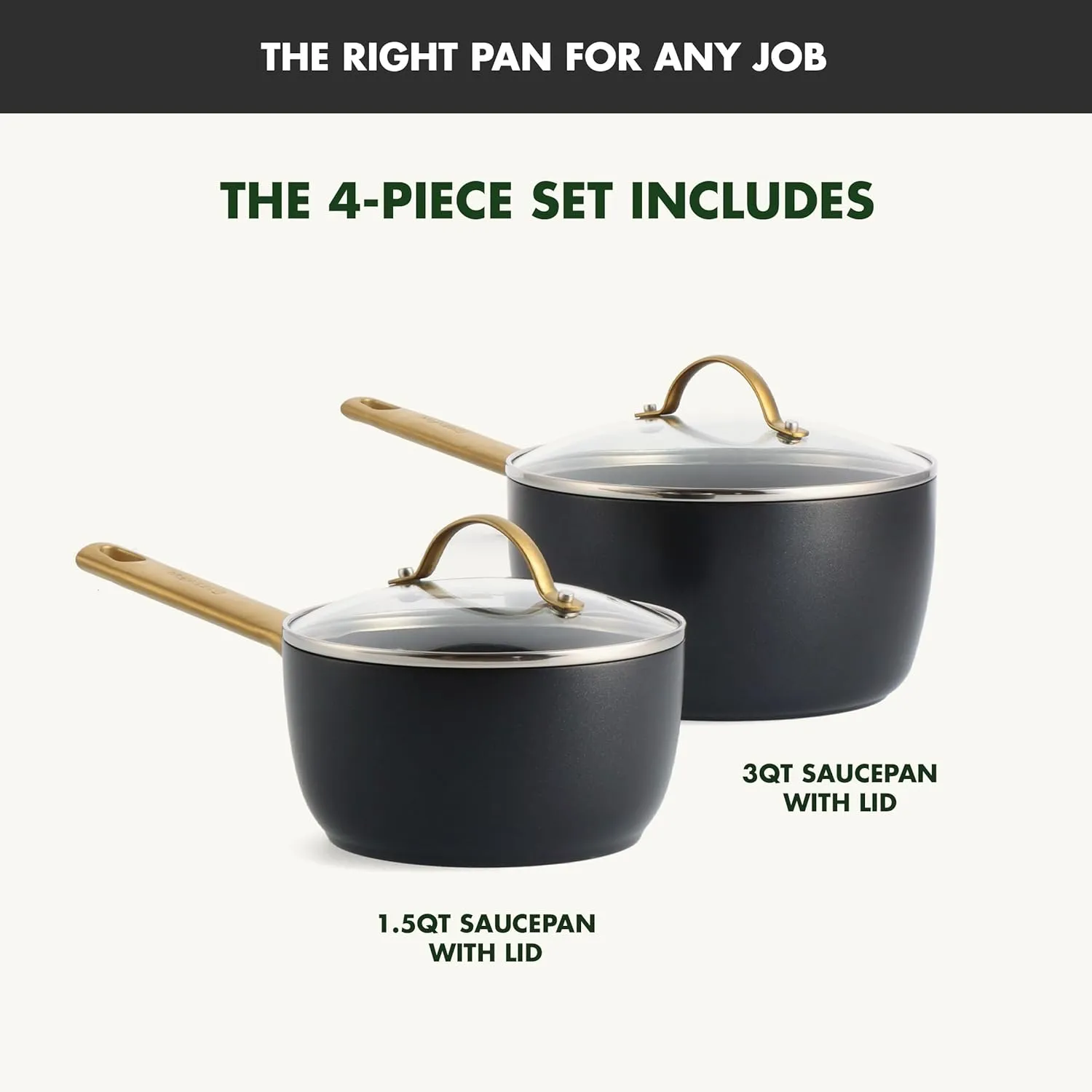 GreenPan Reserve Hard Anodized Healthy Ceramic Nonstick, 1.5QT and 3QT Saucepan Pot Set with Lids, Gold Handle, PFAS-Free, Dishwasher Safe, Oven Safe, Black