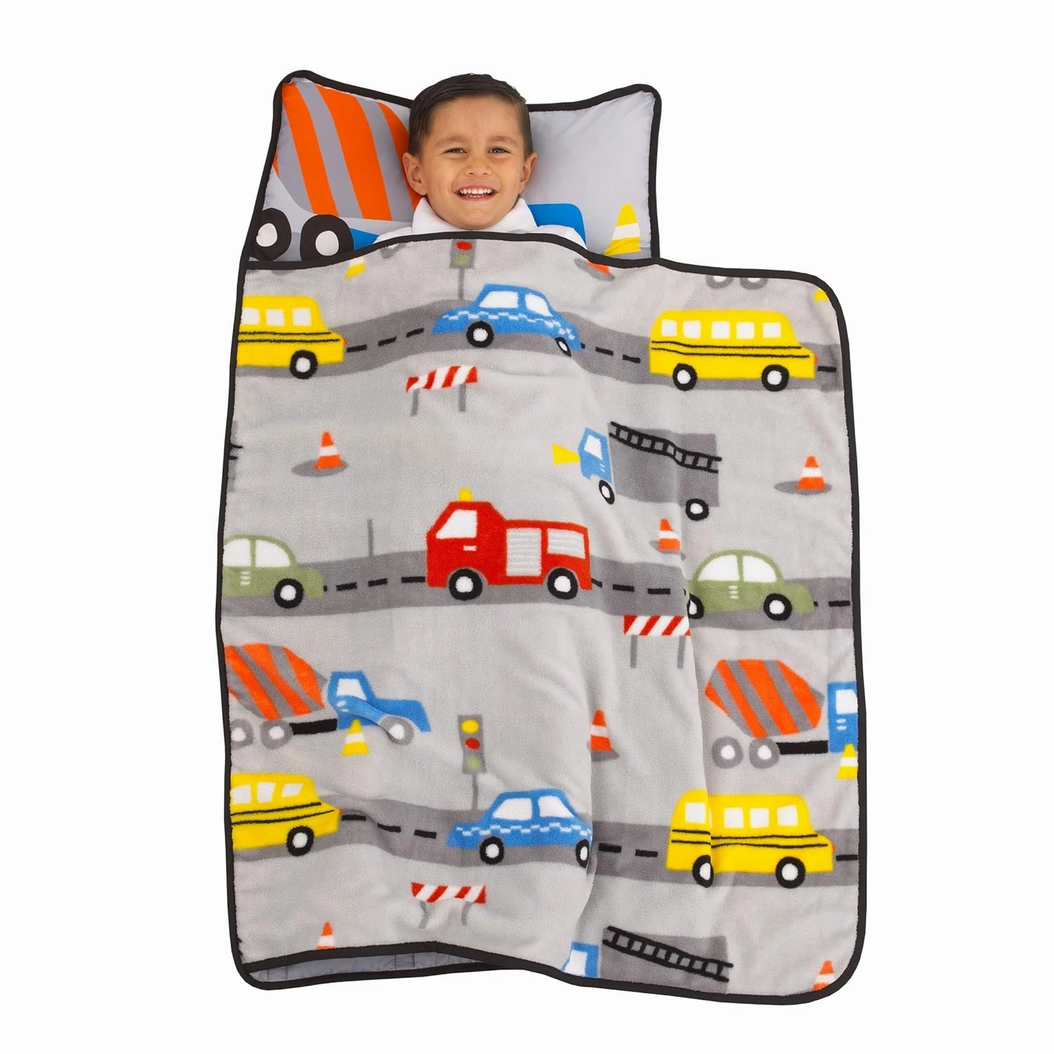Grey, Red, Yellow and Blue Construction Toddler Nap Mat with Pillow and Blanket with Pillow and Blanket