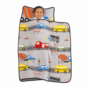 Grey, Red, Yellow and Blue Construction Toddler Nap Mat with Pillow and Blanket with Pillow and Blanket