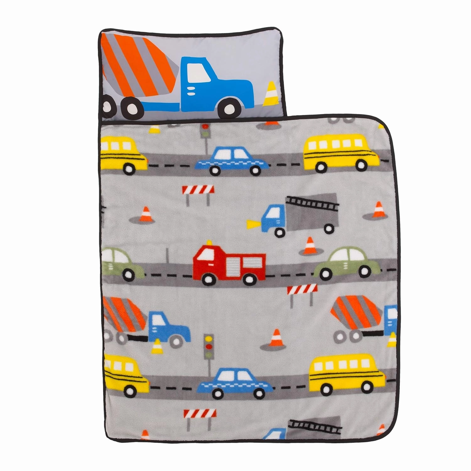Grey, Red, Yellow and Blue Construction Toddler Nap Mat with Pillow and Blanket with Pillow and Blanket