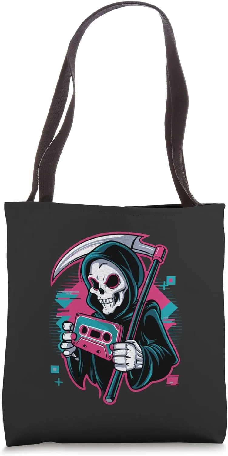 Grim Grooves Retro Reaper's Funky Synthwave Style Tote Bag