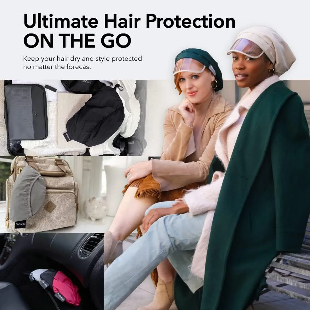 Hairbrella 100% Waterproof Rain Hats for Women, Satin Lined Caps, Full Hair Coverage, Packable Travel Accessory