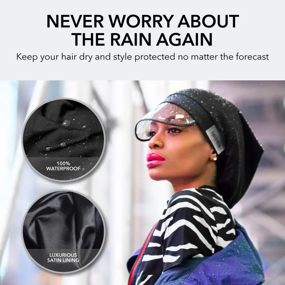 Hairbrella 100% Waterproof Rain Hats for Women, Satin Lined Caps, Full Hair Coverage, Packable Travel Accessory