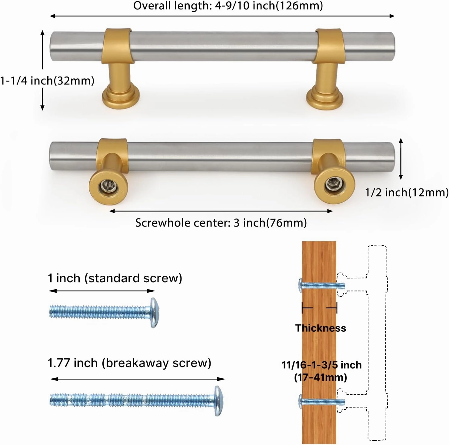 Haliwu 20 Pack Brushed Nickel and Gold Cabinet Pulls for Kitchen Drawers Pull for Barrel Cabinet Hardware Handles,3 inch Hole Center