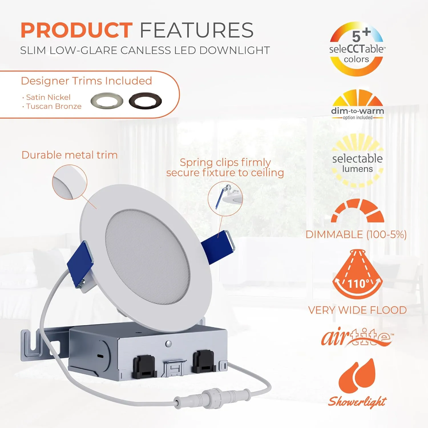 HALO HLB 4 Inch Thin Recessed Indoor/Outdoor LED Downlight w/Selectable Lumens & Color Temperature, 2 Trims - HLB4LSFS5-2TR