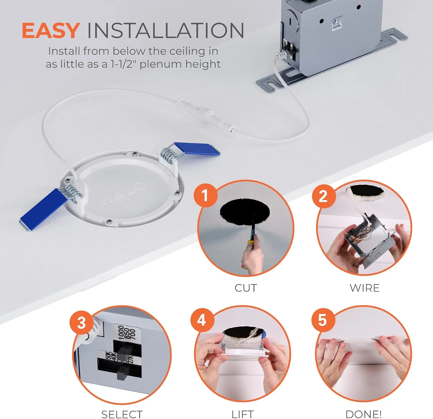 HALO HLB 4 Inch Thin Recessed Indoor/Outdoor LED Downlight w/Selectable Lumens & Color Temperature, 2 Trims - HLB4LSFS5-2TR