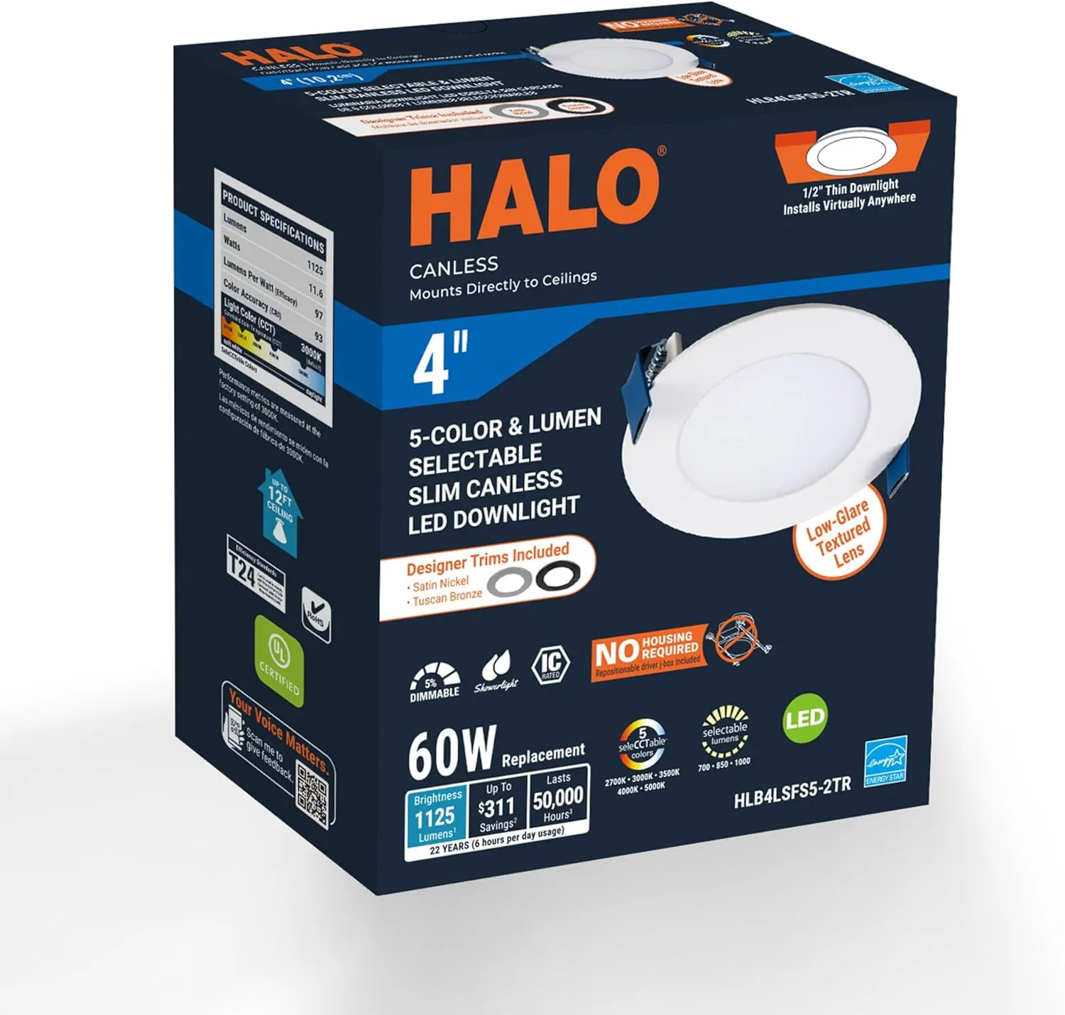 HALO HLB 4 Inch Thin Recessed Indoor/Outdoor LED Downlight w/Selectable Lumens & Color Temperature, 2 Trims - HLB4LSFS5-2TR