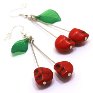Handmade Halloween Skull Cherry Earrings Red Skull Earrings Rockabilly Earrings Pinup Jewelry kitsch earrings pin up funky earrings quirky earrings