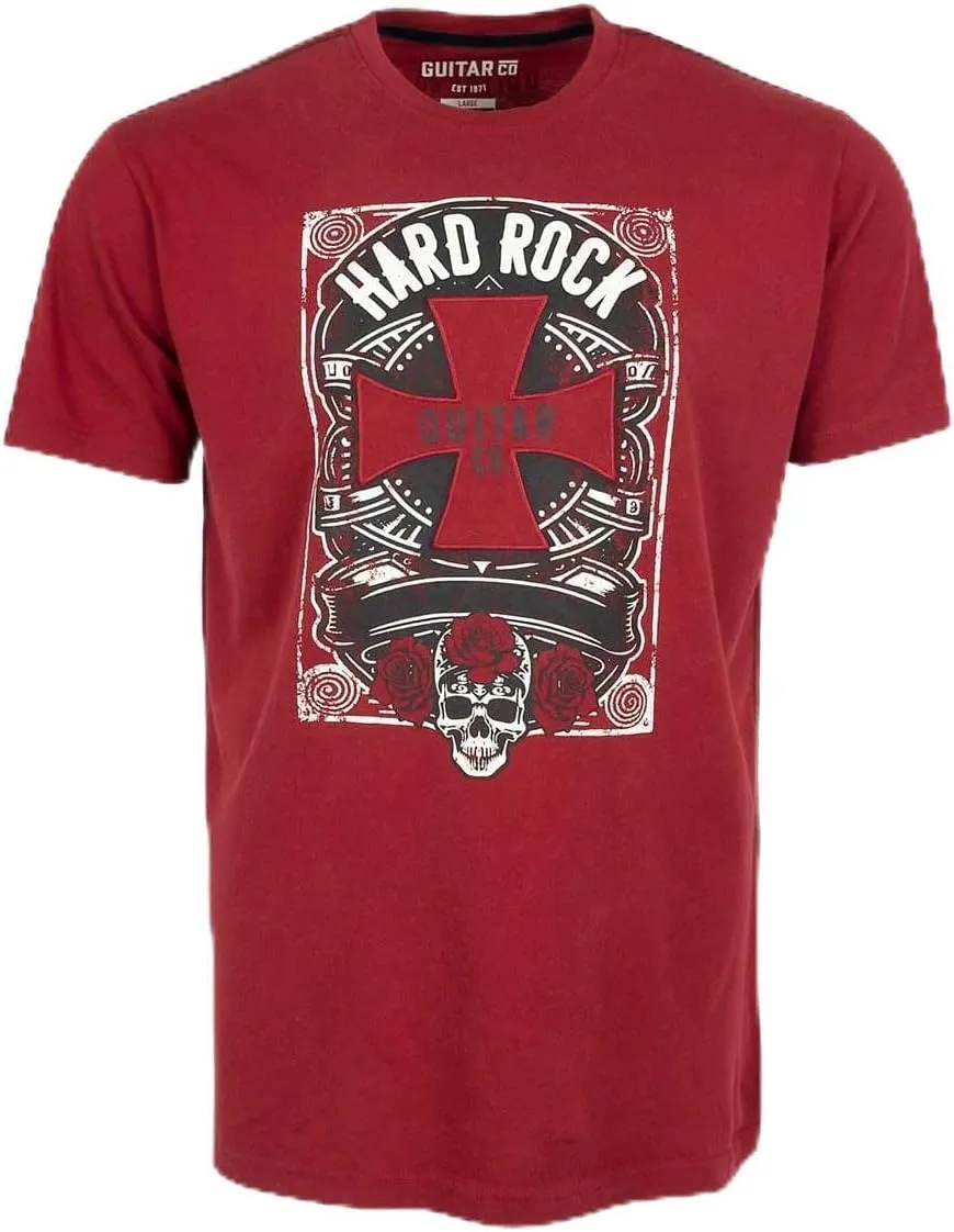 Hard Rock Guitar Company Adult Fit Tee, Red, Cross Skull Roses