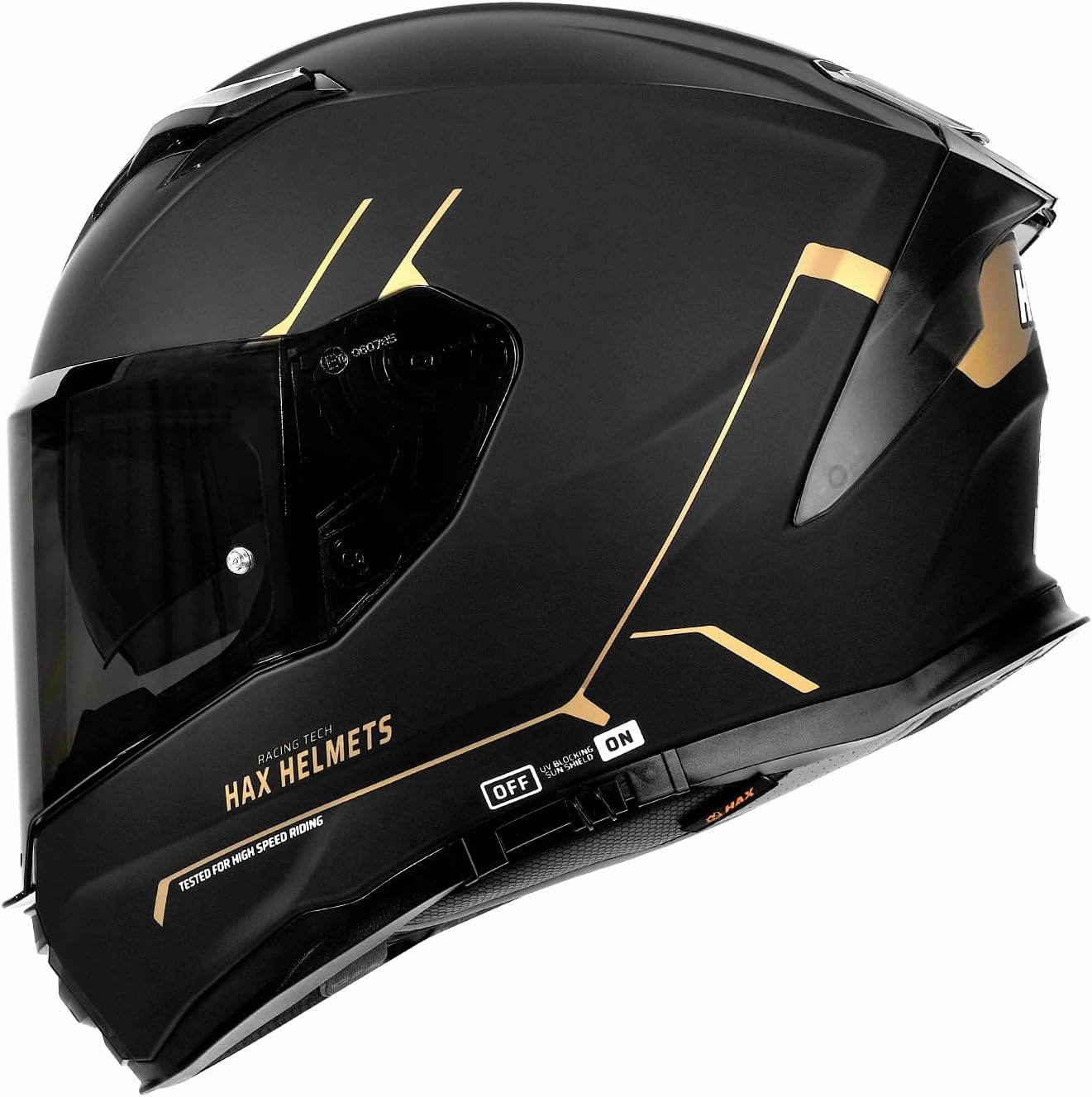 HAX Force Aerodynamic Full Face Helmet for Street & E-Bikes DOT & ECE Certified - Enhanced Dual Visor, Adult Size, Pinlock Ready Matte Black Gold M