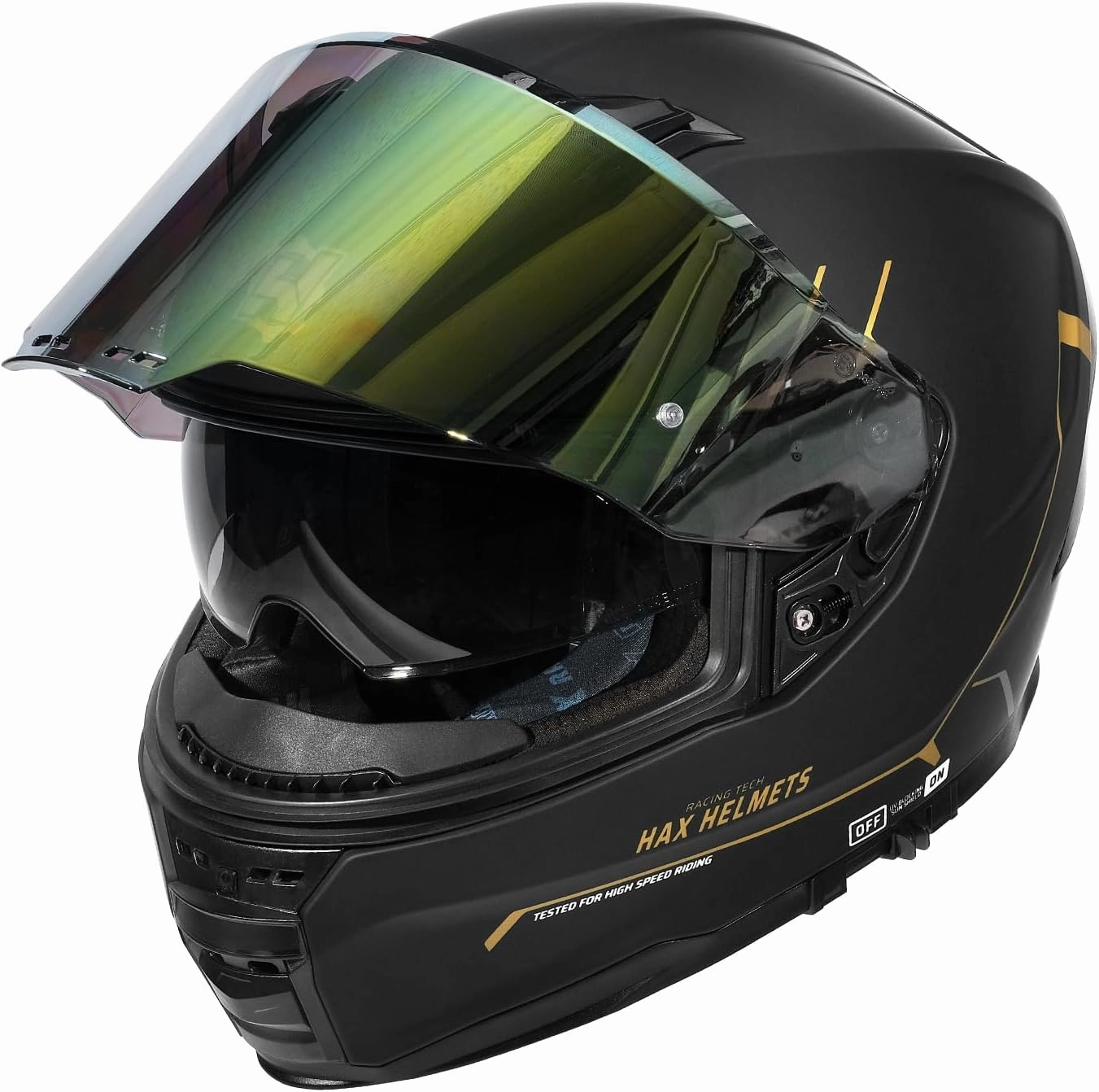 HAX Force Aerodynamic Full Face Helmet for Street & E-Bikes DOT & ECE Certified - Enhanced Dual Visor, Adult Size, Pinlock Ready Matte Black Gold M