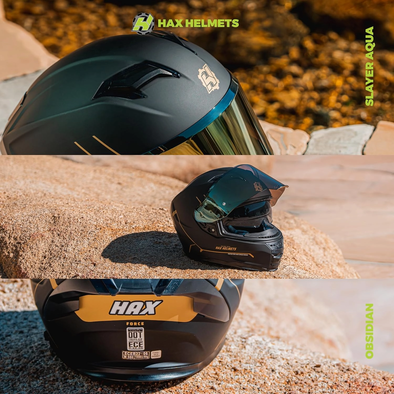 HAX Force Aerodynamic Full Face Helmet for Street & E-Bikes DOT & ECE Certified - Enhanced Dual Visor, Adult Size, Pinlock Ready Matte Black Gold M