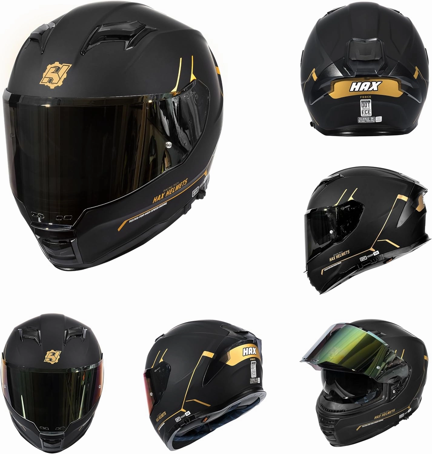 HAX Force Aerodynamic Full Face Helmet for Street & E-Bikes DOT & ECE Certified - Enhanced Dual Visor, Adult Size, Pinlock Ready Matte Black Gold M