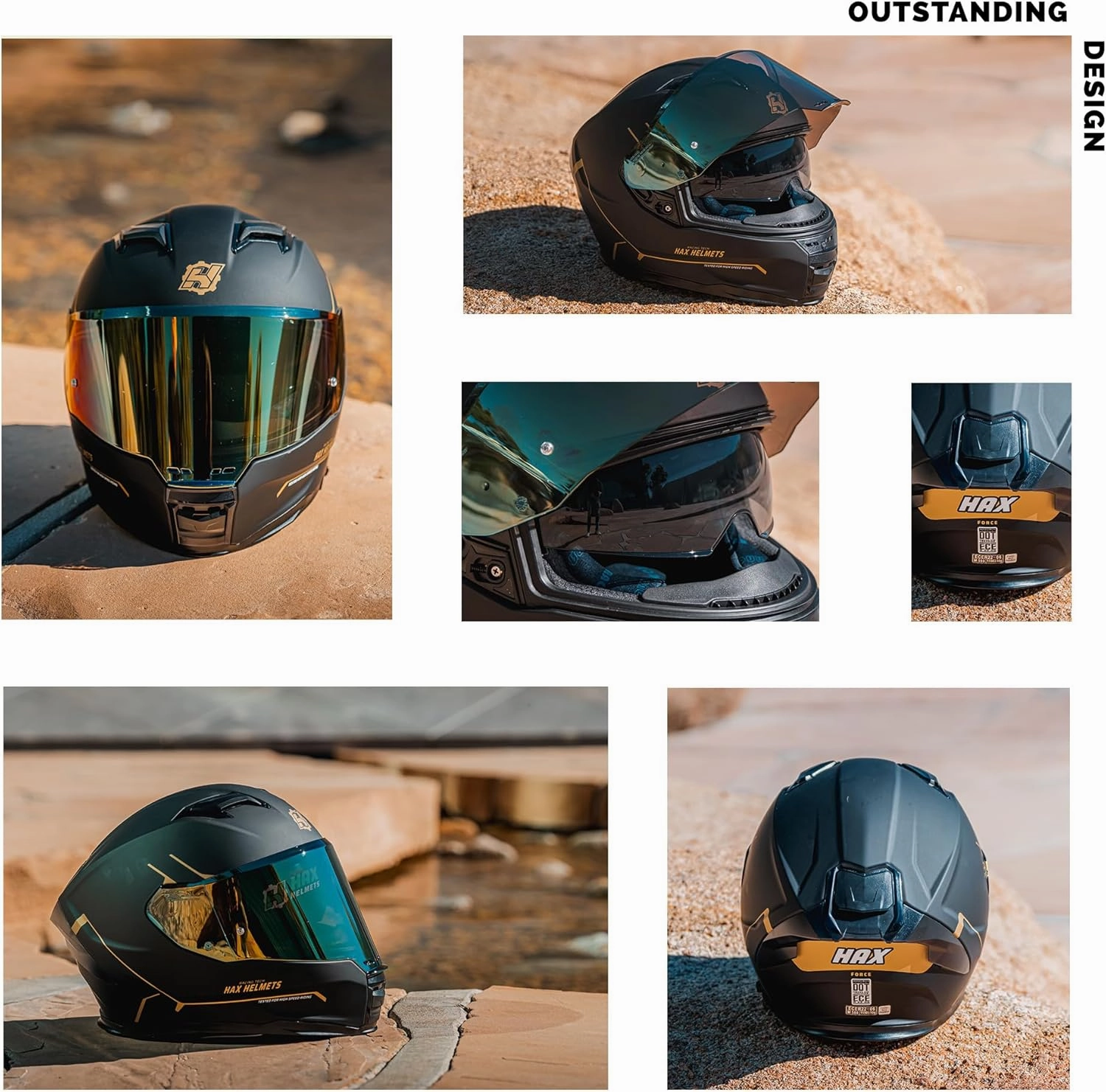 HAX Force Aerodynamic Full Face Helmet for Street & E-Bikes DOT & ECE Certified - Enhanced Dual Visor, Adult Size, Pinlock Ready Matte Black Gold M