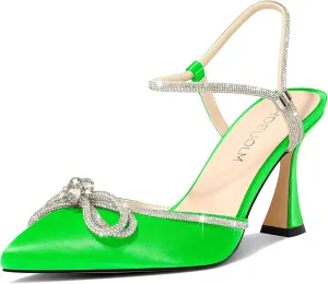 HDEUOLM Womens Stiletto High Heel Pointed Toe Pumps Slingback Ankle Strap Buckle Rhinestone Crystal Bow-Knot Prom Dress Satin 3.9 Inches Shoes