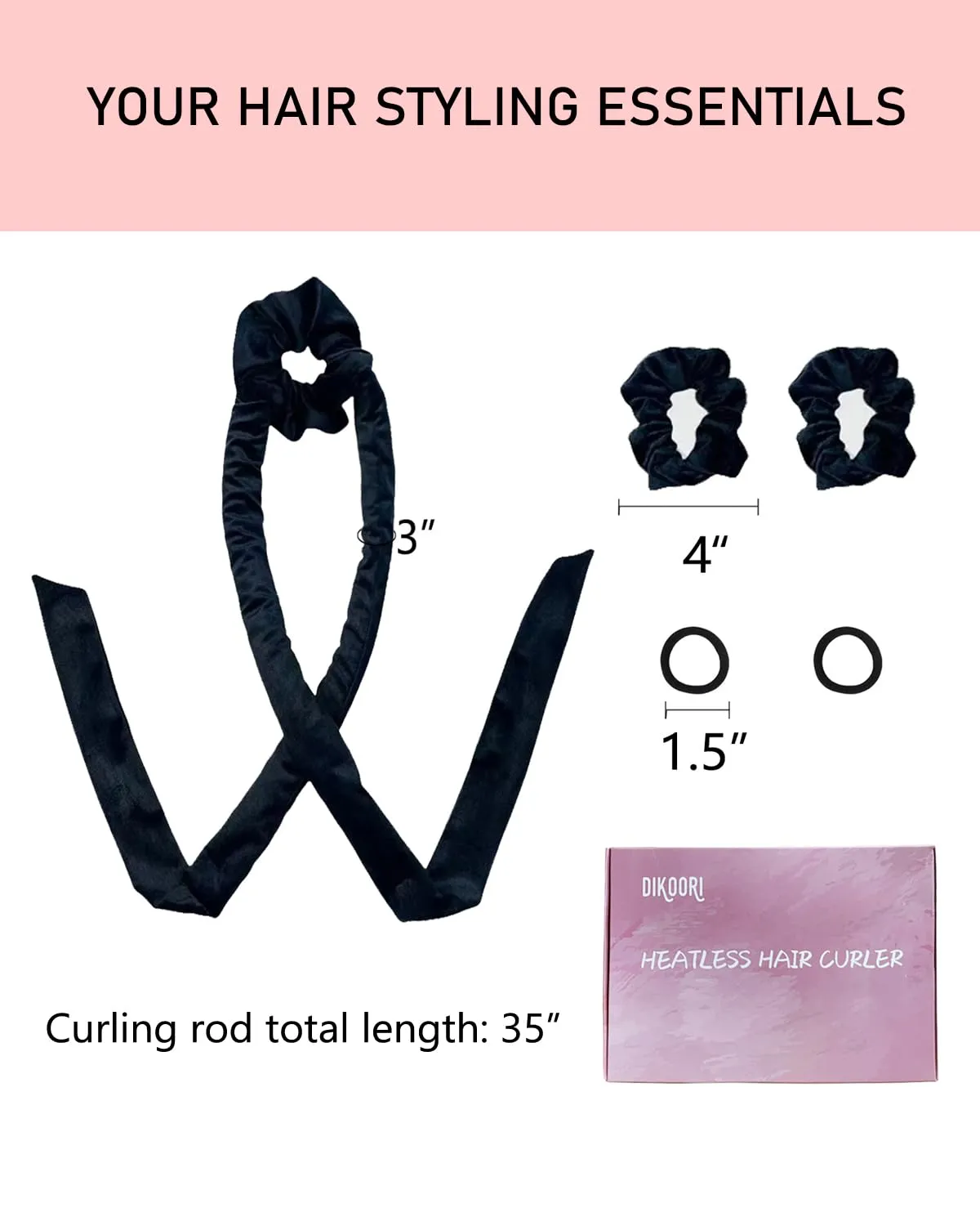 Heatless Hair Curlers Velvet Curling Rod Headband No Heat to Sleep in Curling Set with Scrunchies - Hair Rollers for Heatless Curls Overnight Blowout Look Long Hair for Sleeping- Black