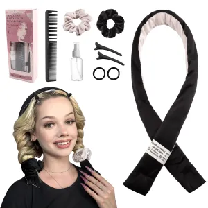 Heatless Hair Curler,Satin Heatless Curling Set,Overnight Hair Curler to Sleep in, No Heat Curling Rods, with Scrunchies Clip Soft Velour Hair Rollers for Girls Women (Black)