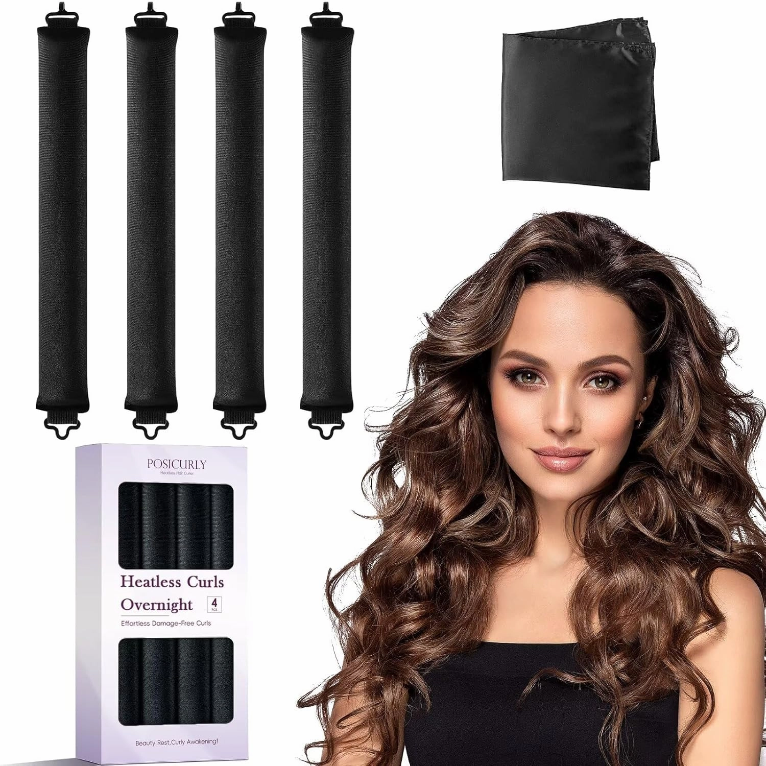 Heatless Curls Overnight Hair Curlers - 4 Pcs No-Heat Curling Rod to Sleep In,Velvet Hair Rollers with Satin Wrap