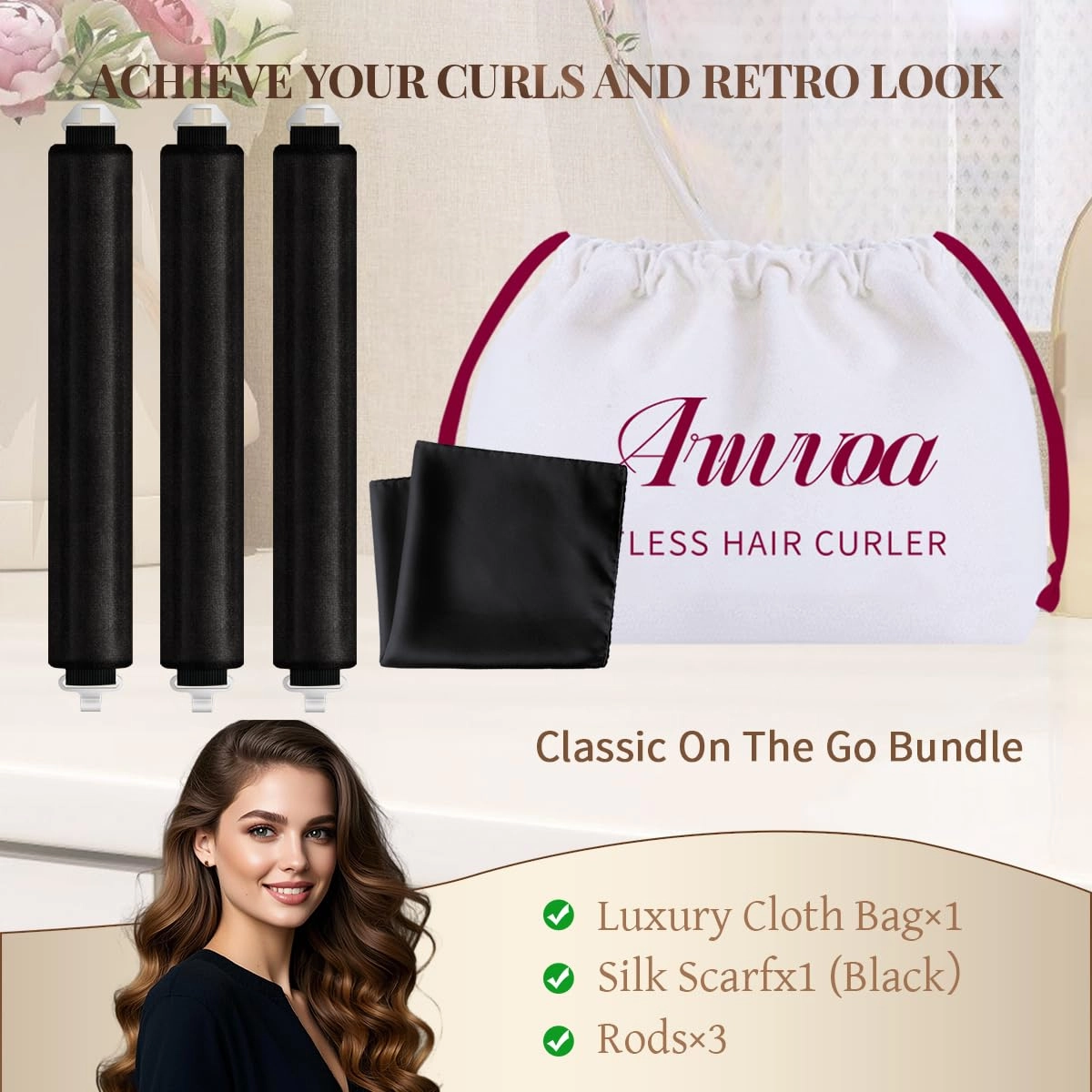 Heatless Hair Curler Heatless Curls Overnight Heatless Blowout with Luxury Cloth Bag satin Scarf, Curling Rod Headband to Sleep in No Heat Curling with (Black, 3Rods)