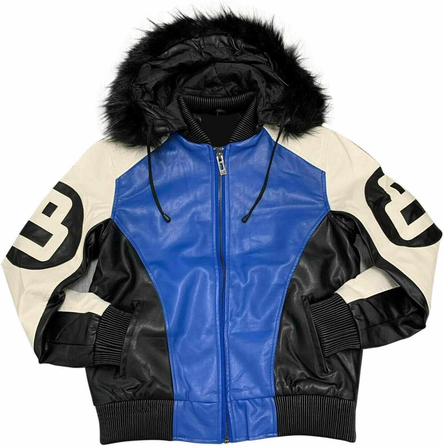 Hifa Men's Authentic 8 Ball Logo Pool Billiard Cue Bomber 90's Retro PU Faux Leather Jacket With Fur Hood