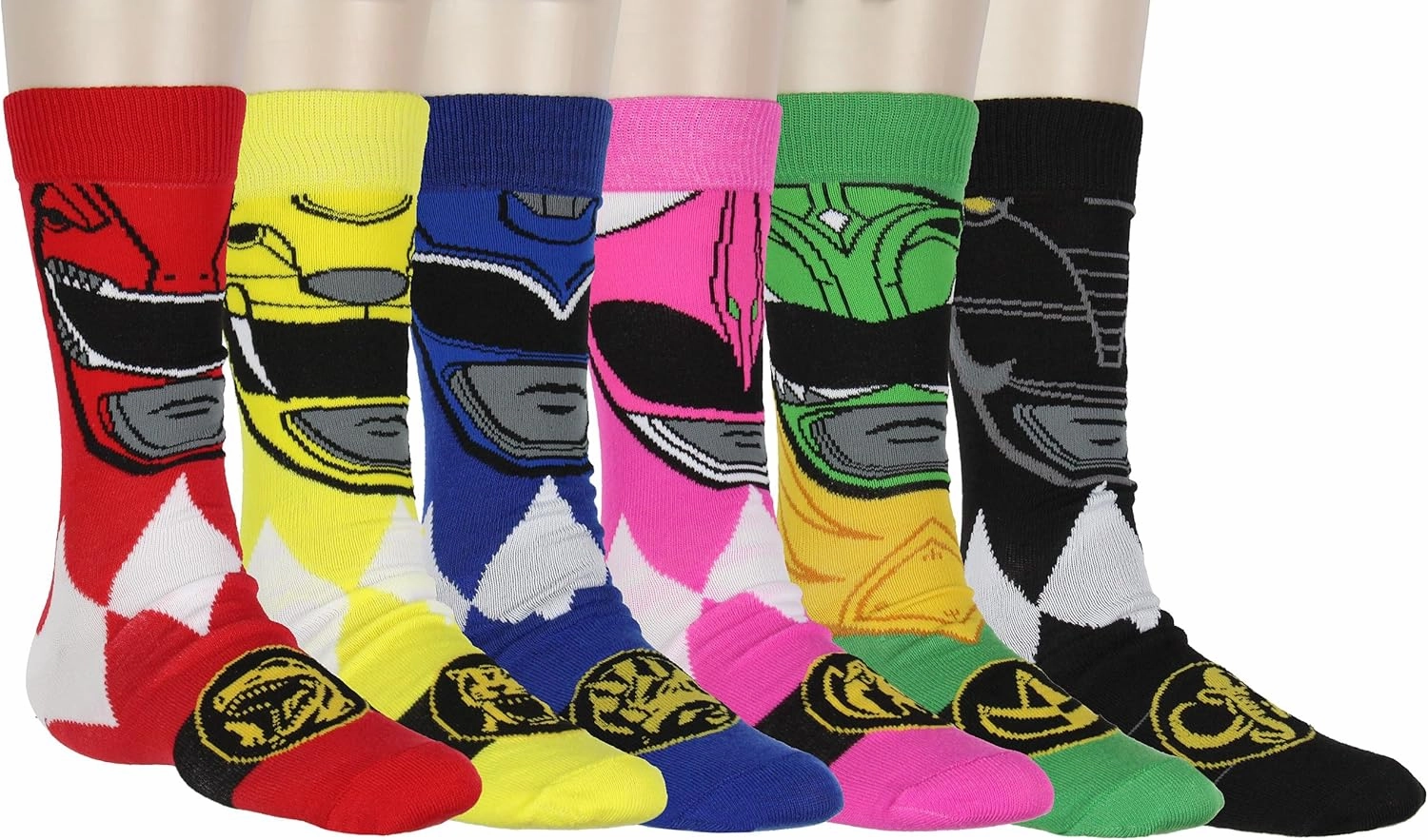 Hyp Power Rangers Men's Ranger Big Face Color-Inspired 6-Pack Mid-Calf Crew Socks Shoe Size 6-12
