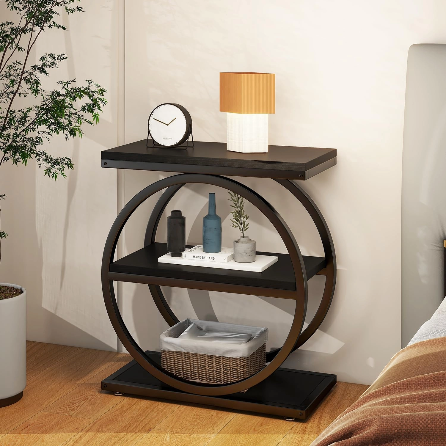 IBUYKE Narrow End Table with 3 Storage Shelves, Industrial Sofa Side Table, Double Round Metal Frames, Slim Nightstand and Bedside Table for Bedroom, Living Room, Black UTMJ418B