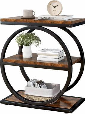 IBUYKE Narrow End Table with 3 Storage Shelves, Industrial Sofa Side Table, Double Round Metal Frames, Slim Nightstand and Bedside Table for Bedroom, Living Room, Rustic Brown UTMJ418H