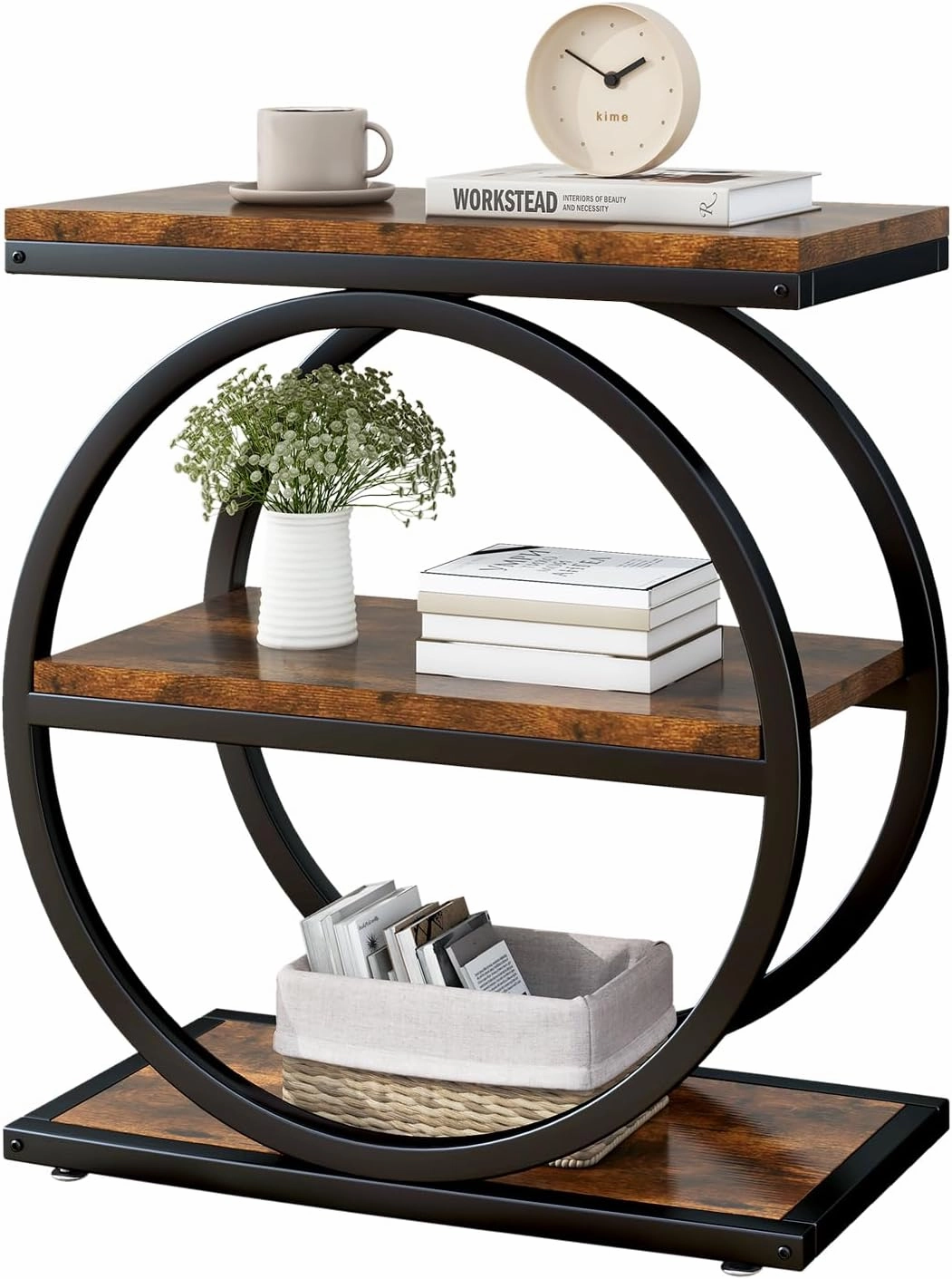 IBUYKE Narrow End Table with 3 Storage Shelves, Industrial Sofa Side Table, Double Round Metal Frames, Slim Nightstand and Bedside Table for Bedroom, Living Room, Rustic Brown UTMJ418H