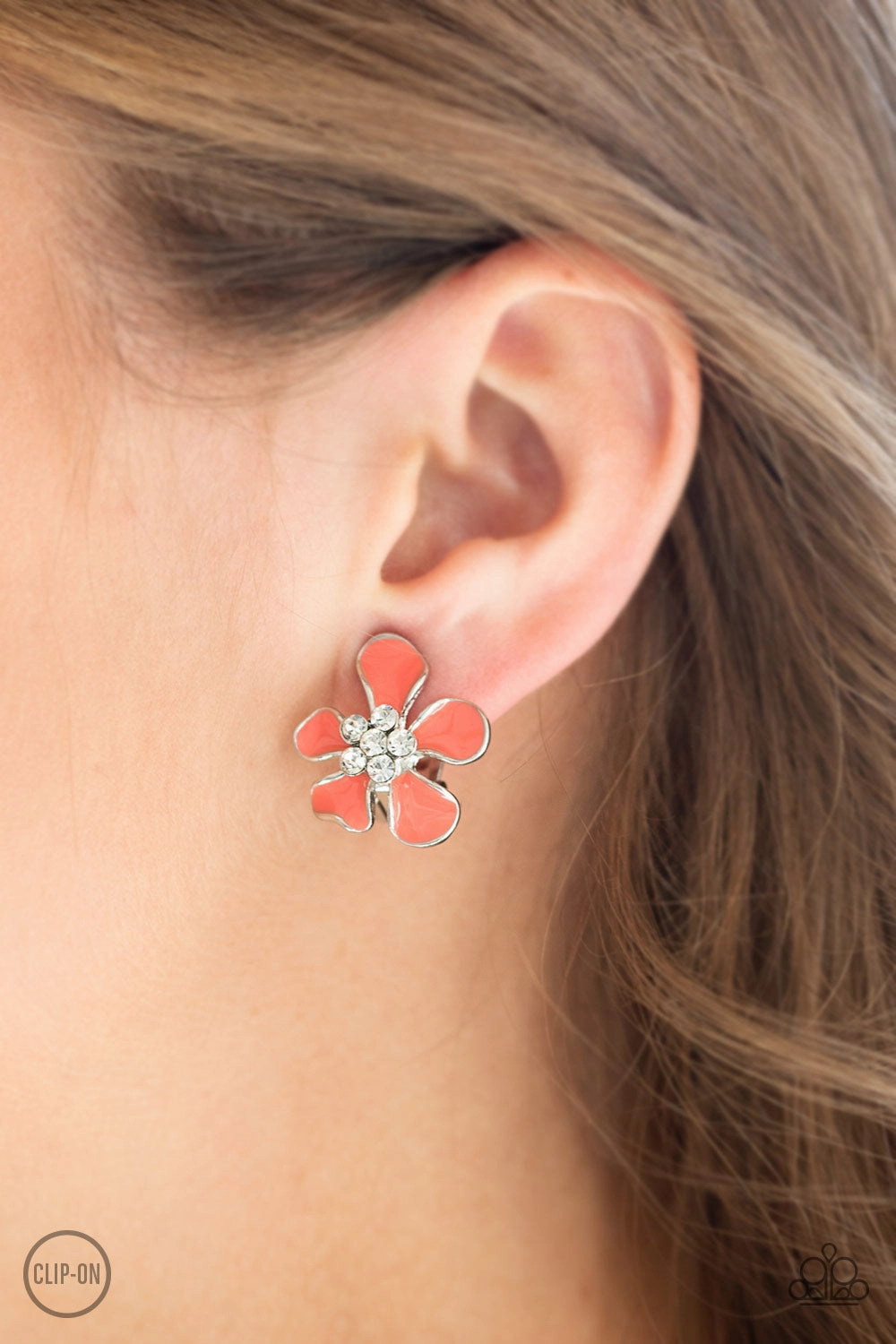 ISLAND IRIS - ORANGE ENAMEL FLOWER CLEAR RHINESTONES CLIPON EARRINGS