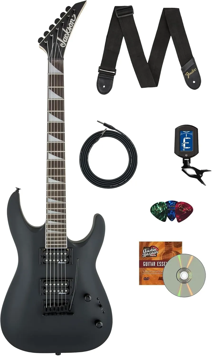 Jackson Dinky Arch Top JS22 DKA Electric Guitar - Satin Black Bundle with Cable, Tuner, Strap, Picks, and Austin Bazaar Instructional DVD
