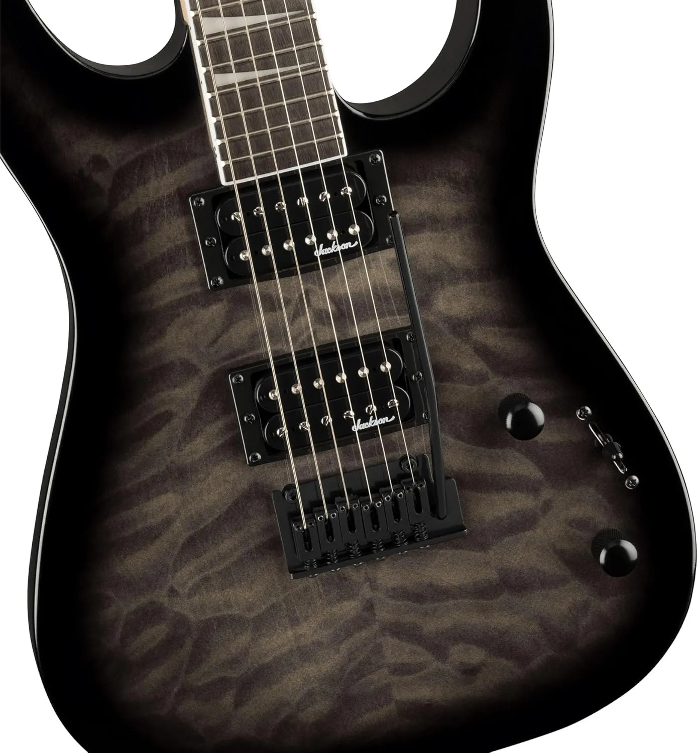 Jackson JS Series Dinky JS20 DKQ 2PT Transparent Black Burst Bundle with Cable, Tuner, Strap, Picks, and Austin Bazaar Guitar DVD