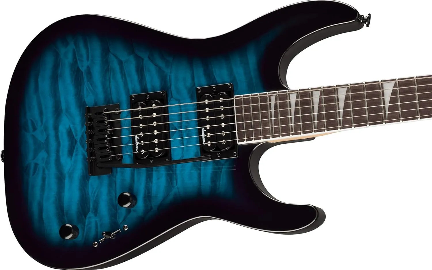Jackson JS Series Dinky JS20 DKQ 2PT Transparent Blue Burst Bundle with Cable, Tuner, Strap, Picks, and Austin Bazaar Guitar DVD