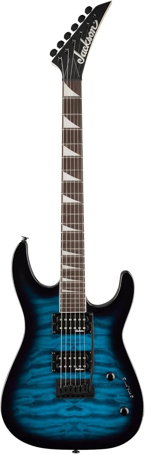Jackson JS Series Dinky JS20 DKQ 2PT Transparent Blue Burst Bundle with Cable, Tuner, Strap, Picks, and Austin Bazaar Guitar DVD
