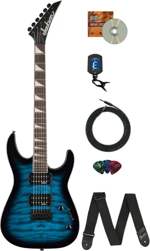 Jackson JS Series Dinky JS20 DKQ 2PT Transparent Blue Burst Bundle with Cable, Tuner, Strap, Picks, and Austin Bazaar Guitar DVD
