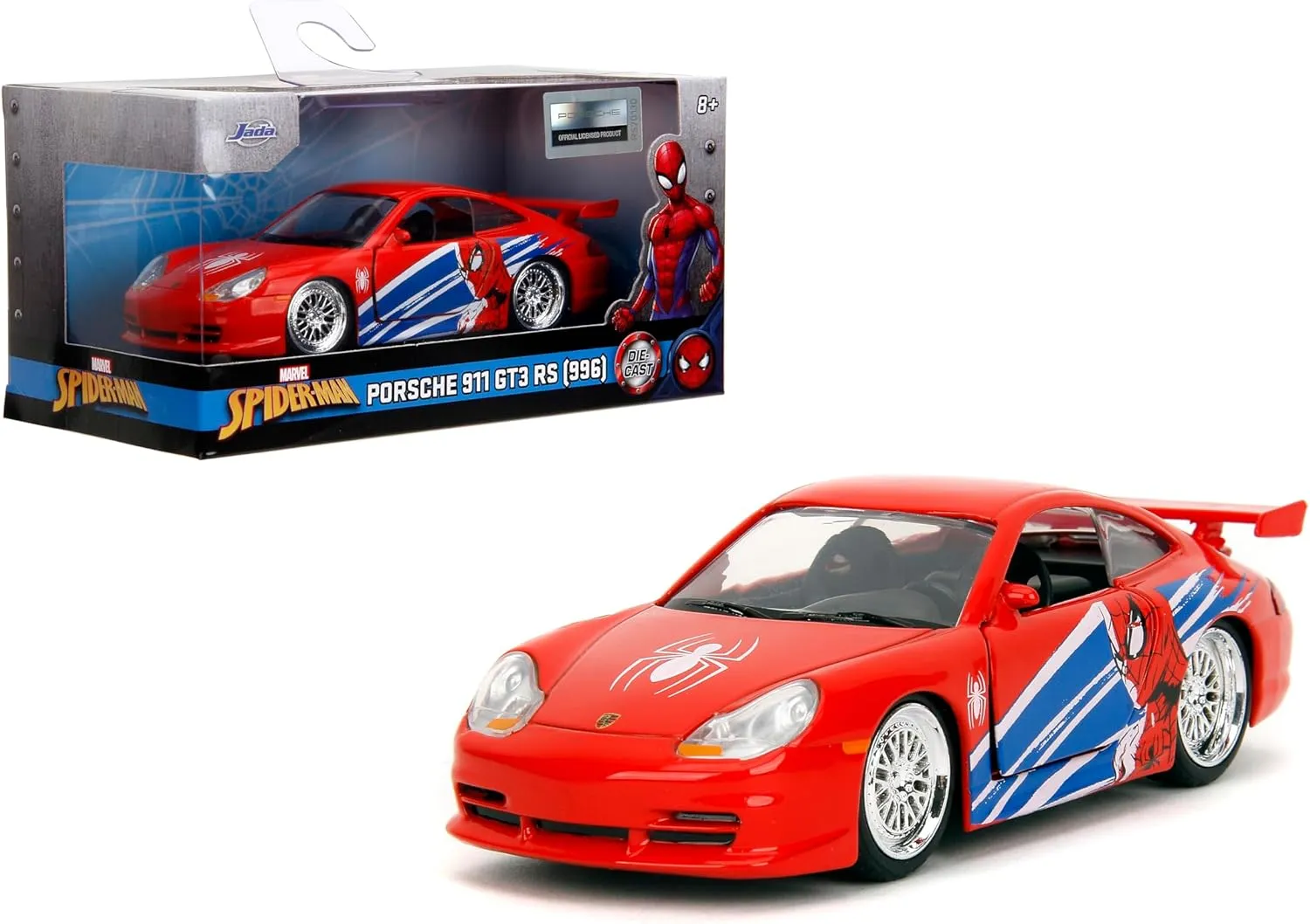 Jada Hollywood Rides Spider-Man Porsche 911 GT3 RS 1:32 – Die-Cast Vehicle Paint, Opening Doors, Marvel Theme – Red/Blue Design for Kids & Collectors