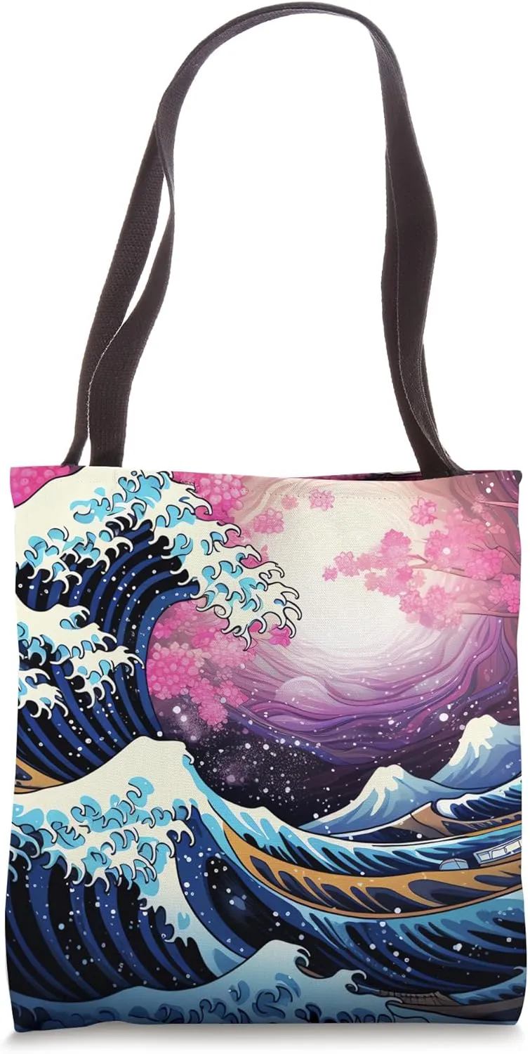 Japanese Flowers Melody Nature's Harmonious Dance with Waves Tote Bag