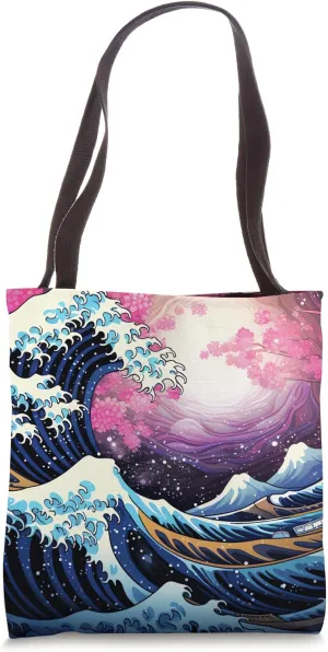Japanese Flowers Melody Nature's Harmonious Dance with Waves Tote Bag