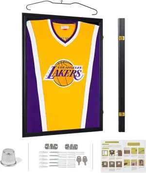 Jersey Frame Display Case Large Frames Shadow Box Lockable with UV Protection for Baseball Basketball Football Soccer Hockey Sport Shirt Display Frame, Black