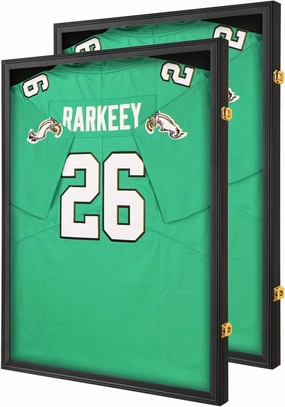 Jersey Frame Display Case 2 Pack for Wall ,Large Lockable T-Shirt Shadow Box with 98% UV Protection Acrylic & Hangers for Football Basketball Baseball Soccer Hockey, Matte Black