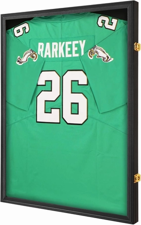 Jersey Frame Display Case for Wall ,Large Lockable T-Shirt Shadow Box with 98% UV Protection Acrylic & Hangers for Football Basketball Baseball Soccer Hockey, Matte Black 1 Pack