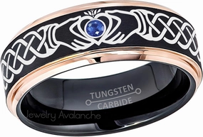 Jewelry Avalanche Claddagh Tungsten Ring - 2-Tone Mens Beveled Tungsten Carbide Wedding Band - 0.07ct Blue Sapphire Tungsten Ring
